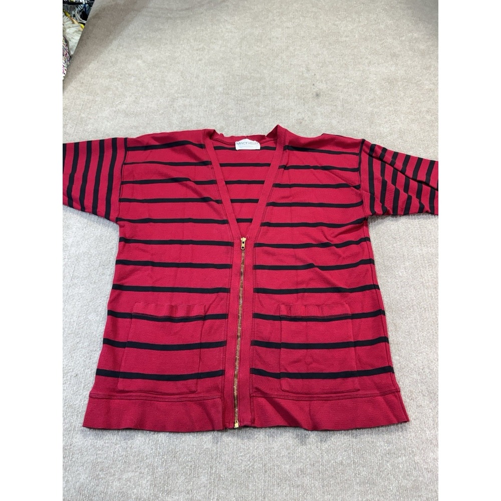 Nancy Heller 2 US M/L Cardigan Sweater Stripe Pockets Preppy Comfort France